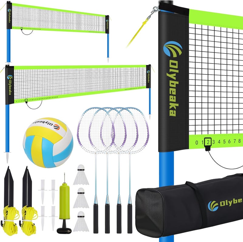 Olybeaka Portable Volleyball & Badminton Combo Net Set for Backyard Beach with 2 Nets (20ft and 32ft), Adjustable Poles, PU Volleyball, Aluminum Rackets and Carry Bag, Quick Setup & Durable - Image 1